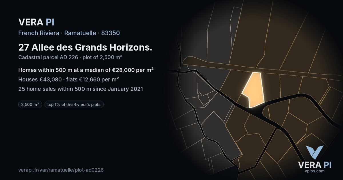 27 Allee des Grands Horizons, Ramatuelle at night – the plot lit, the parcels around coloured by the prices near them