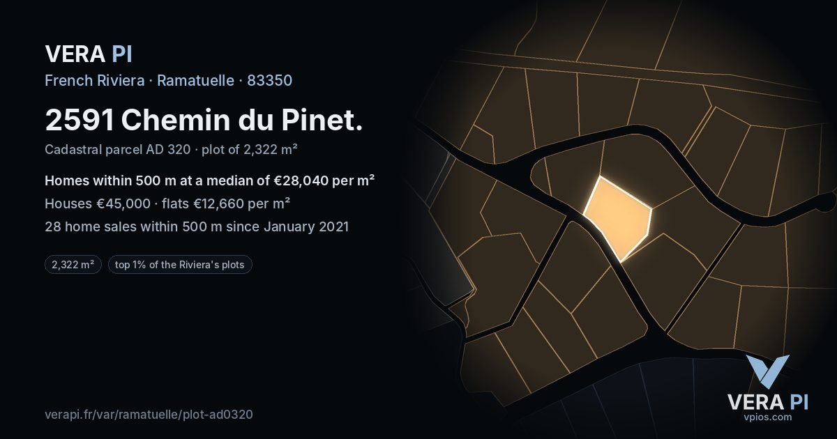 2591 Chemin du Pinet, Ramatuelle at night – the plot lit, the parcels around coloured by the prices near them