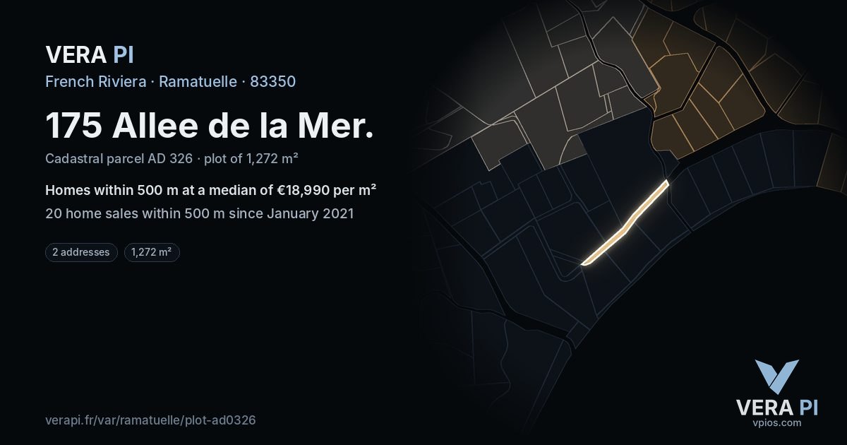 175 Allee de la Mer, Ramatuelle at night – the plot lit, the parcels around coloured by the prices near them