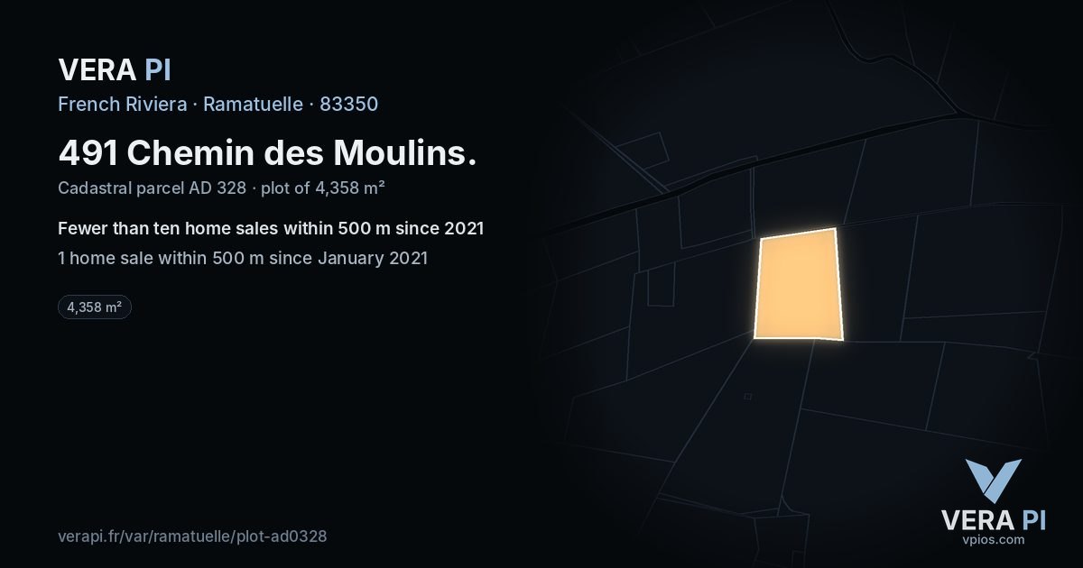 491 Chemin des Moulins, Ramatuelle at night – the plot lit, the parcels around coloured by the prices near them