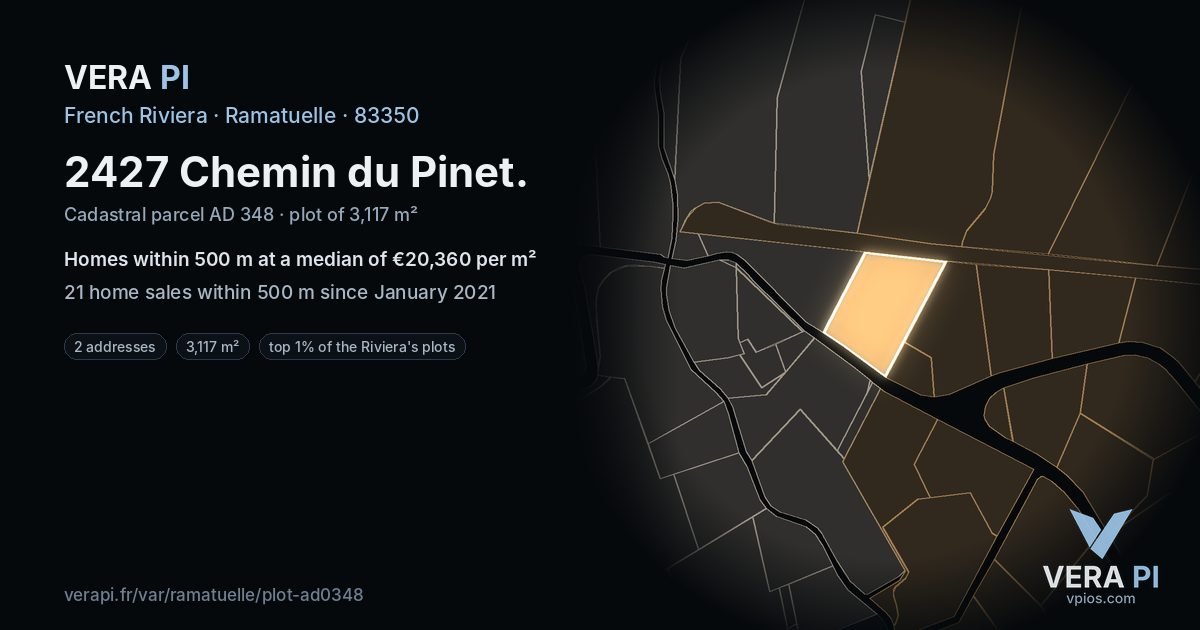 2427 Chemin du Pinet, Ramatuelle at night – the plot lit, the parcels around coloured by the prices near them