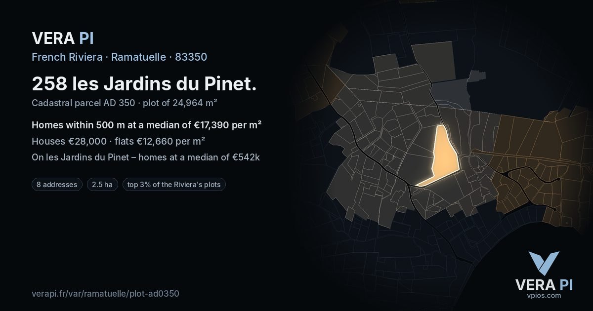 258 les Jardins du Pinet, Ramatuelle at night – the plot lit, the parcels around coloured by the prices near them