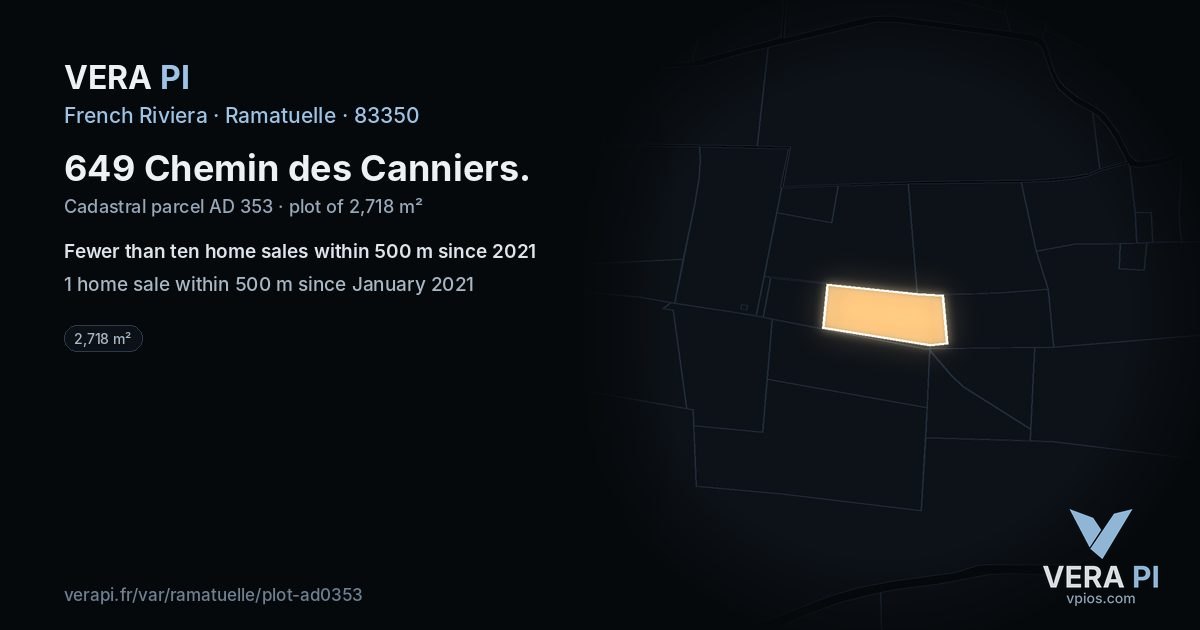649 Chemin des Canniers, Ramatuelle at night – the plot lit, the parcels around coloured by the prices near them