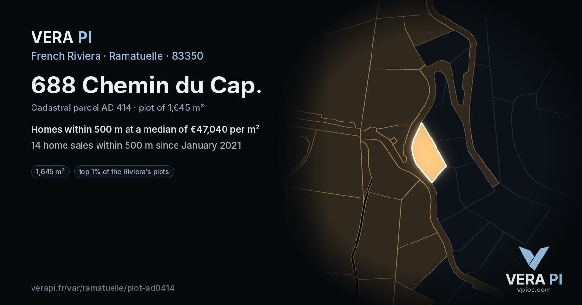 688 Chemin du Cap, Ramatuelle at night – the plot lit, the parcels around coloured by the prices near them