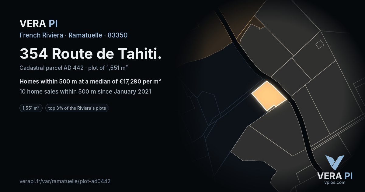 354 Route de Tahiti, Ramatuelle at night – the plot lit, the parcels around coloured by the prices near them