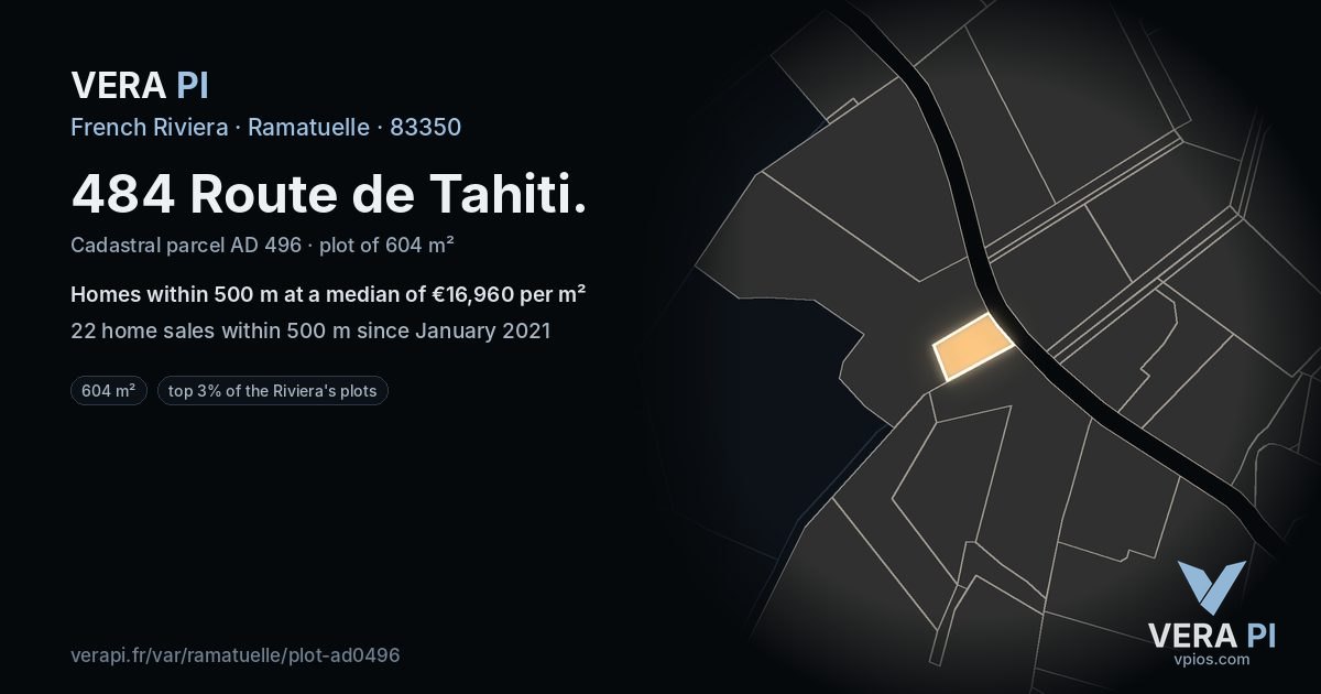 484 Route de Tahiti, Ramatuelle at night – the plot lit, the parcels around coloured by the prices near them