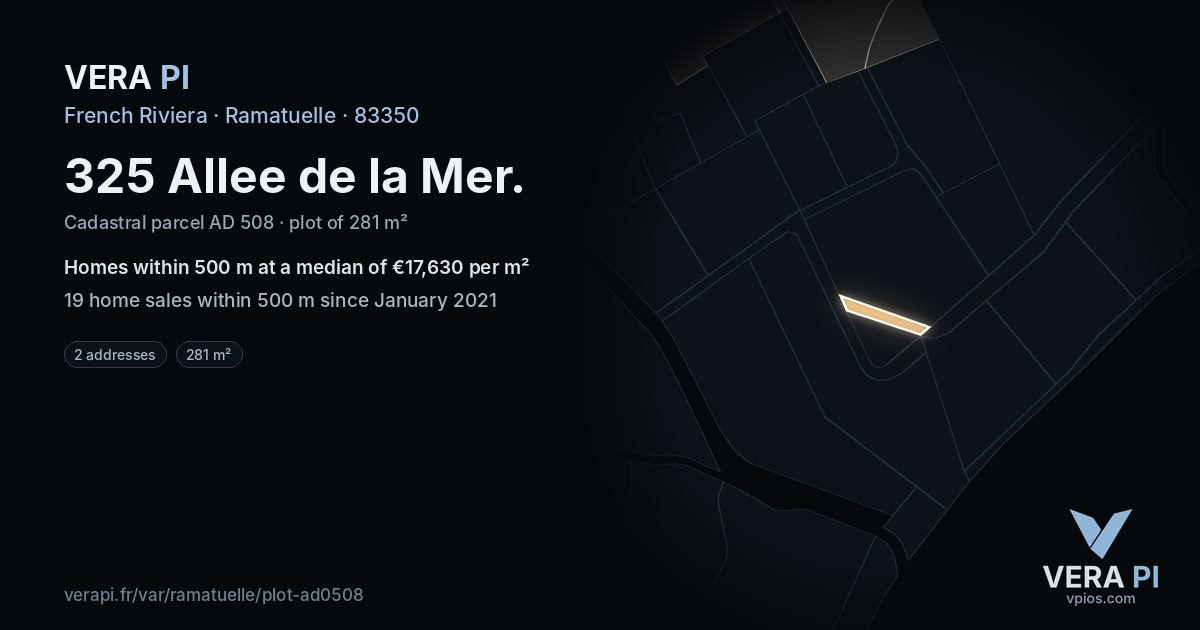 325 Allee de la Mer, Ramatuelle at night – the plot lit, the parcels around coloured by the prices near them