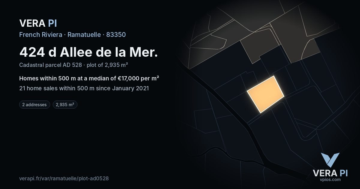 424 d Allee de la Mer, Ramatuelle at night – the plot lit, the parcels around coloured by the prices near them