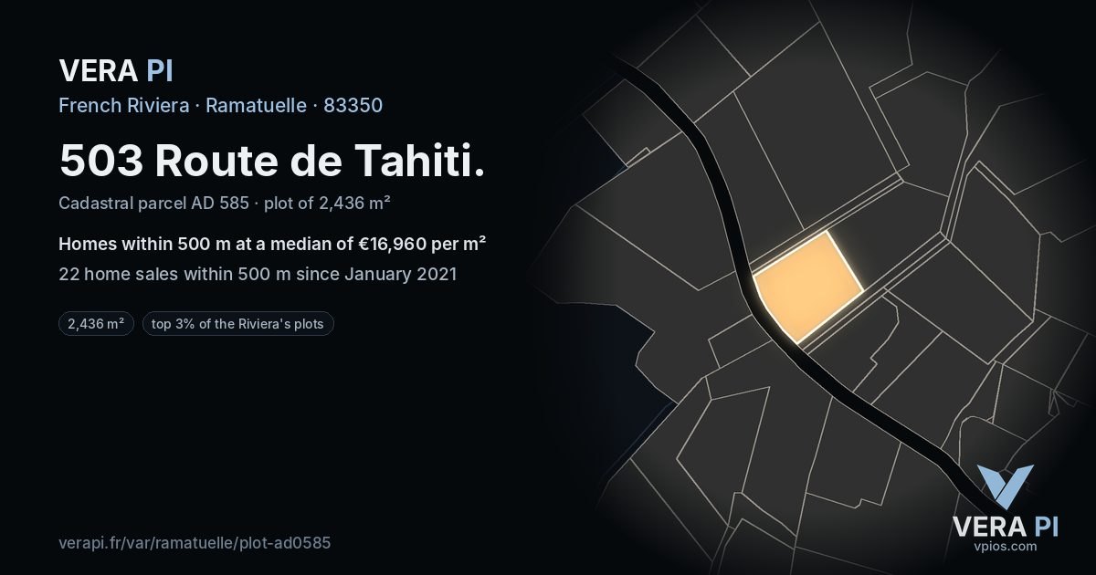 503 Route de Tahiti, Ramatuelle at night – the plot lit, the parcels around coloured by the prices near them