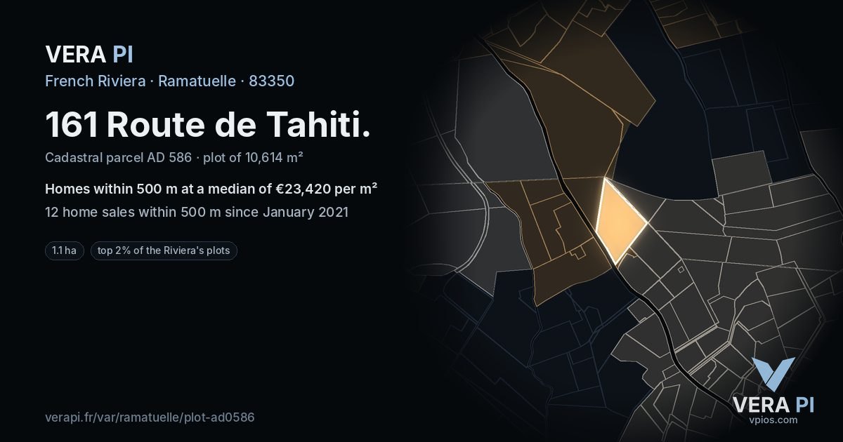 161 Route de Tahiti, Ramatuelle at night – the plot lit, the parcels around coloured by the prices near them