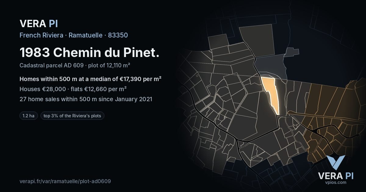 1983 Chemin du Pinet, Ramatuelle at night – the plot lit, the parcels around coloured by the prices near them