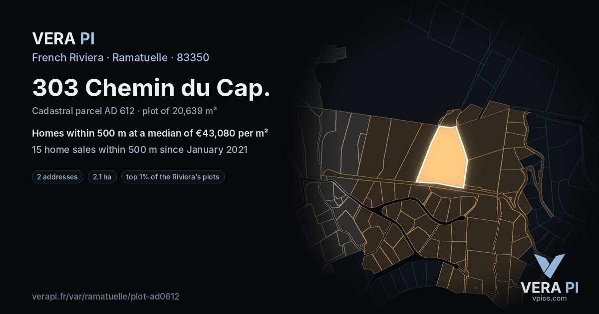303 Chemin du Cap, Ramatuelle at night – the plot lit, the parcels around coloured by the prices near them