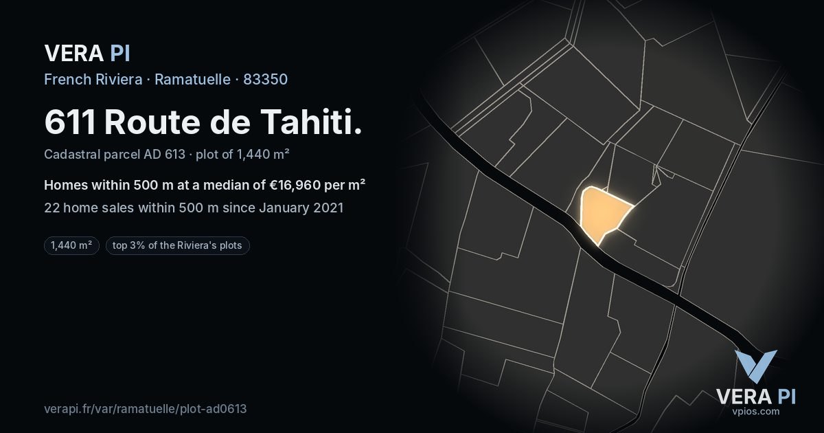 611 Route de Tahiti, Ramatuelle at night – the plot lit, the parcels around coloured by the prices near them