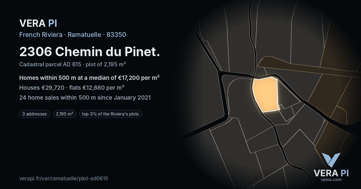 2306 Chemin du Pinet, Ramatuelle at night – the plot lit, the parcels around coloured by the prices near them