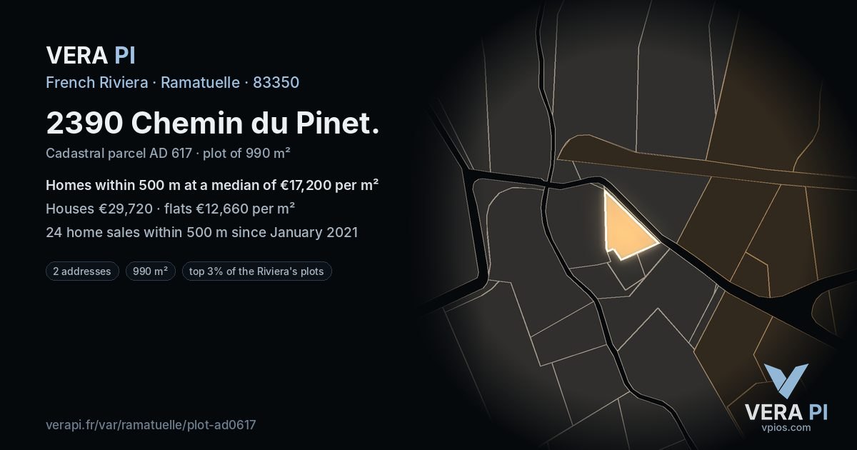 2390 Chemin du Pinet, Ramatuelle at night – the plot lit, the parcels around coloured by the prices near them