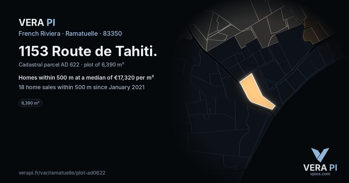 1153 Route de Tahiti, Ramatuelle at night – the plot lit, the parcels around coloured by the prices near them