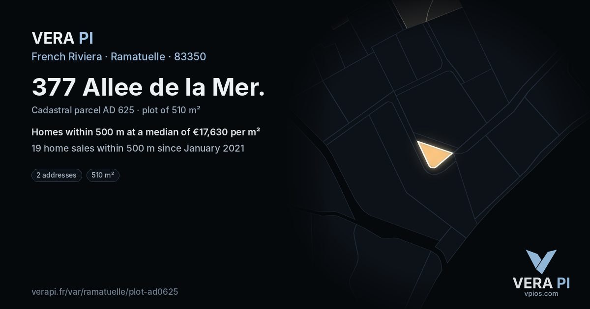 377 Allee de la Mer, Ramatuelle at night – the plot lit, the parcels around coloured by the prices near them