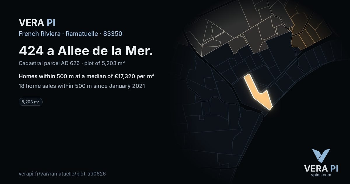 424 a Allee de la Mer, Ramatuelle at night – the plot lit, the parcels around coloured by the prices near them