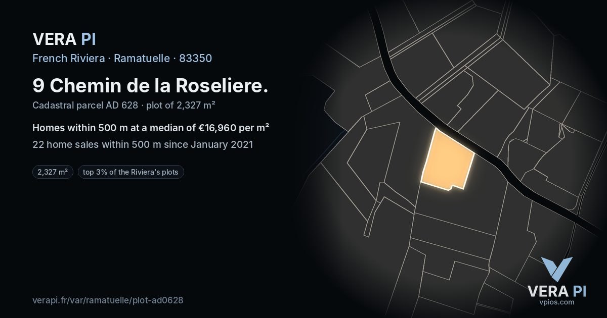 9 Chemin de la Roseliere, Ramatuelle at night – the plot lit, the parcels around coloured by the prices near them
