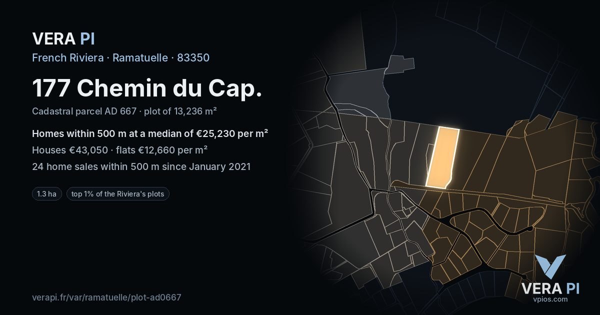 177 Chemin du Cap, Ramatuelle at night – the plot lit, the parcels around coloured by the prices near them