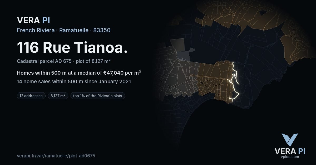 116 Rue Tianoa, Ramatuelle at night – the plot lit, the parcels around coloured by the prices near them