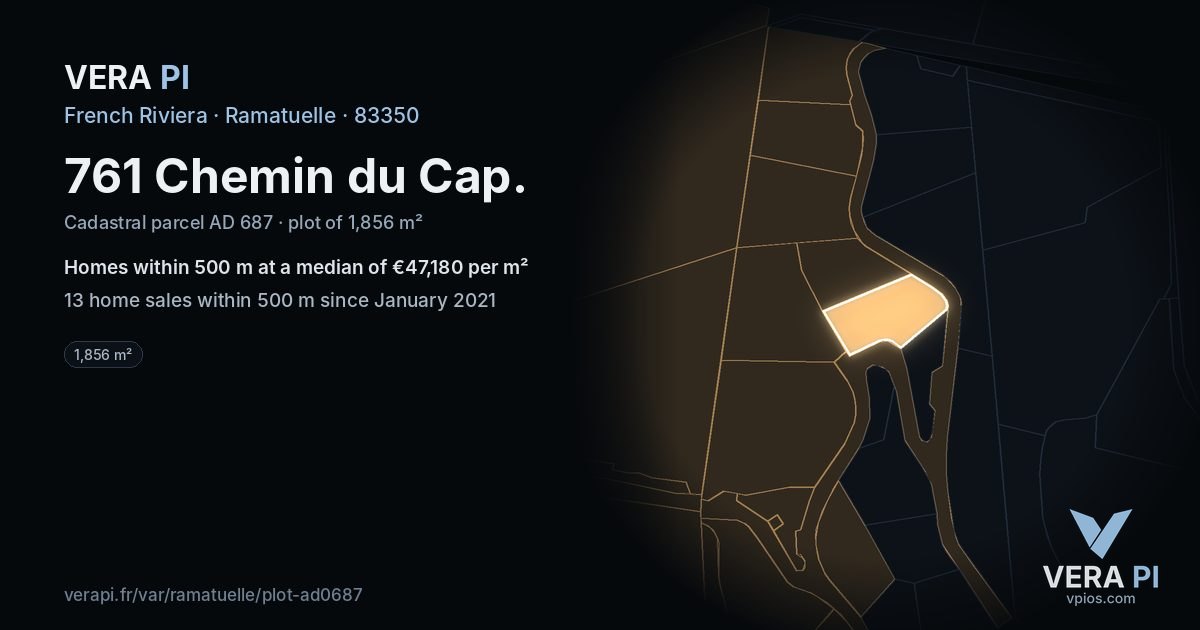 761 Chemin du Cap, Ramatuelle at night – the plot lit, the parcels around coloured by the prices near them