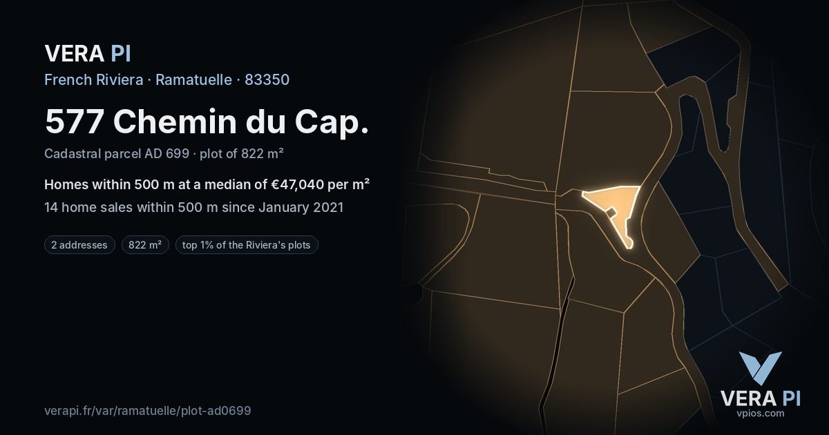 577 Chemin du Cap, Ramatuelle at night – the plot lit, the parcels around coloured by the prices near them