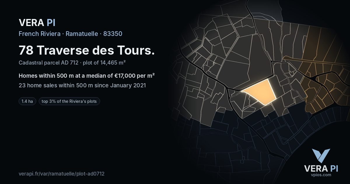 78 Traverse des Tours, Ramatuelle at night – the plot lit, the parcels around coloured by the prices near them