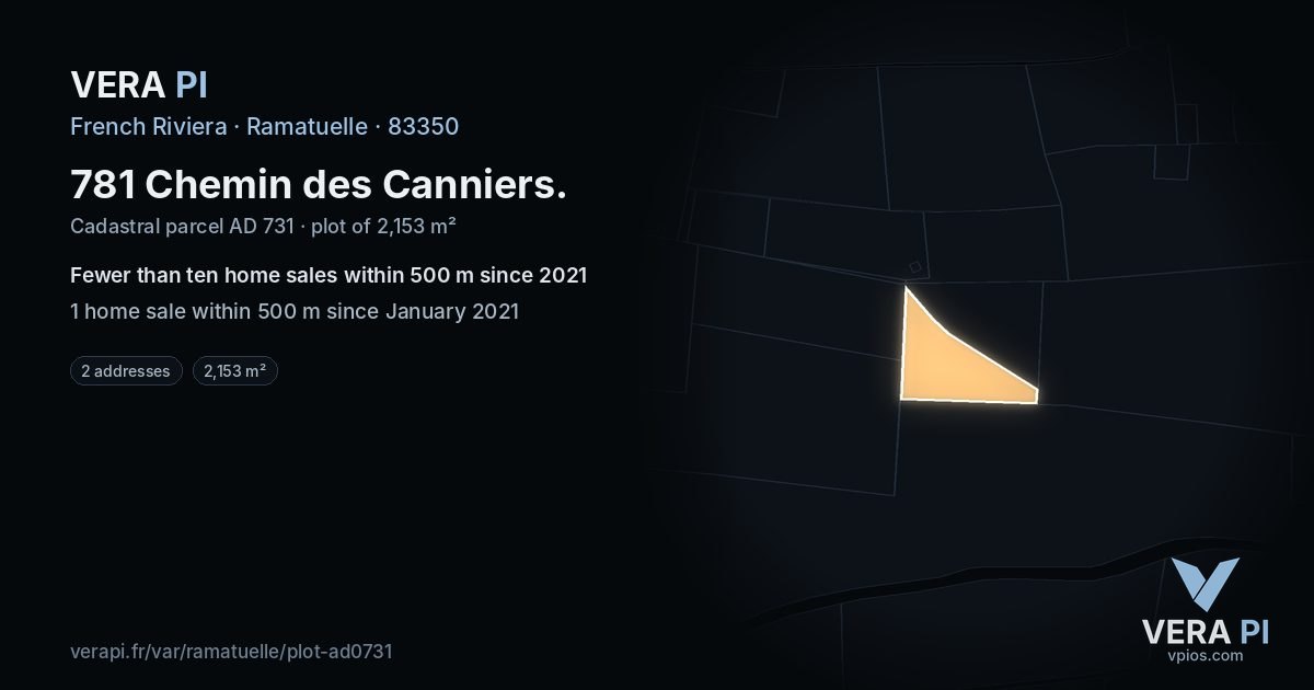 781 Chemin des Canniers, Ramatuelle at night – the plot lit, the parcels around coloured by the prices near them