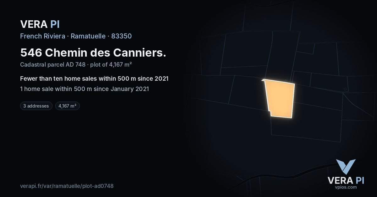 546 Chemin des Canniers, Ramatuelle at night – the plot lit, the parcels around coloured by the prices near them