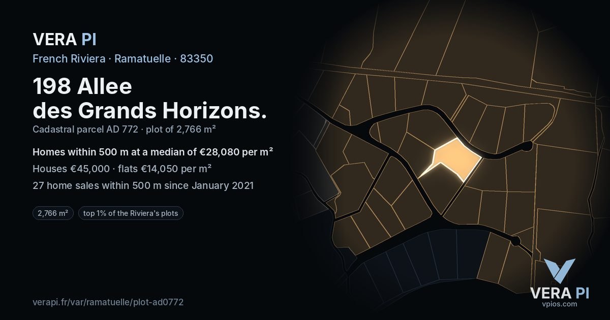 198 Allee des Grands Horizons, Ramatuelle at night – the plot lit, the parcels around coloured by the prices near them