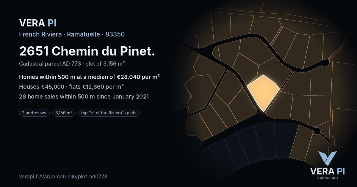 2651 Chemin du Pinet, Ramatuelle at night – the plot lit, the parcels around coloured by the prices near them