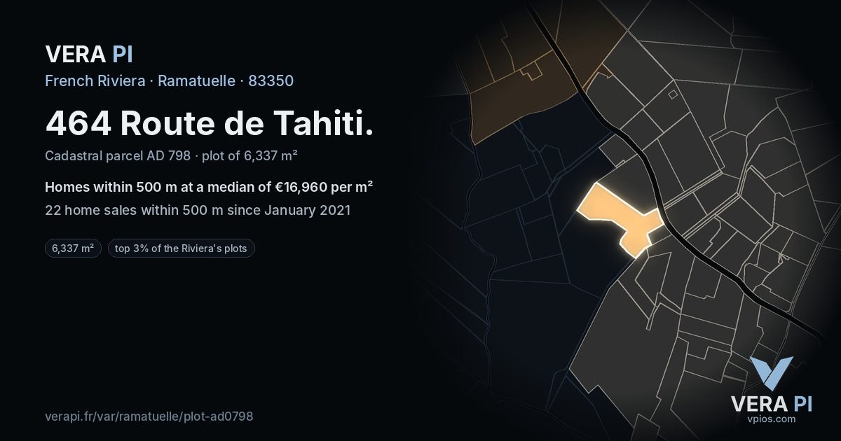 464 Route de Tahiti, Ramatuelle at night – the plot lit, the parcels around coloured by the prices near them