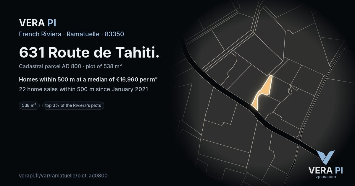 631 Route de Tahiti, Ramatuelle at night – the plot lit, the parcels around coloured by the prices near them
