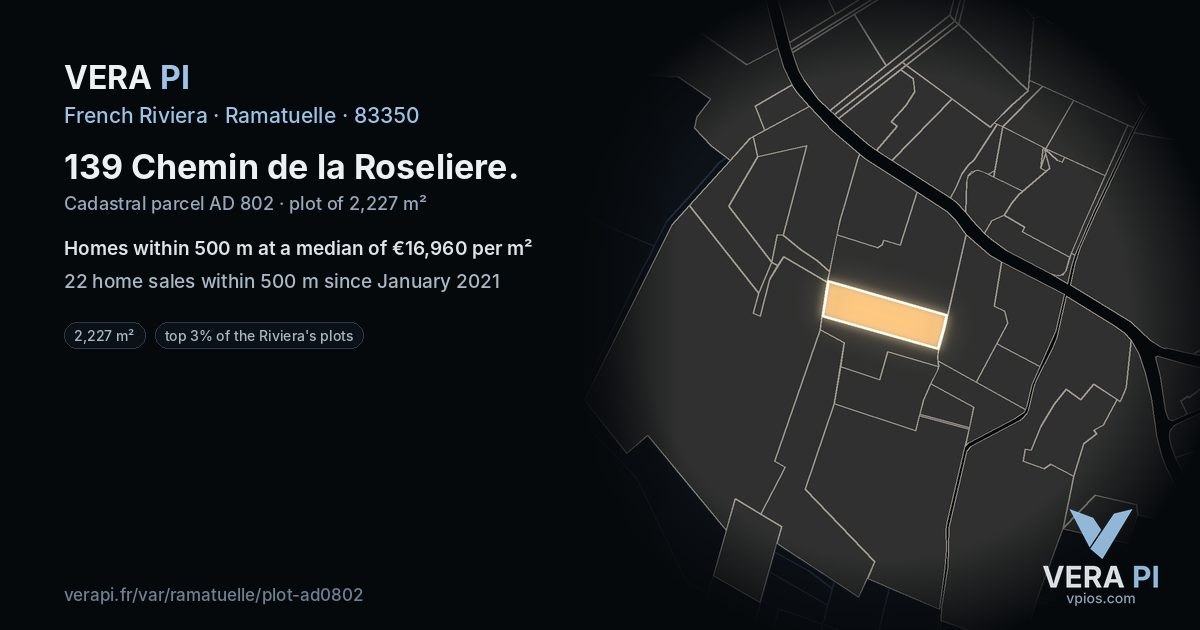 139 Chemin de la Roseliere, Ramatuelle at night – the plot lit, the parcels around coloured by the prices near them