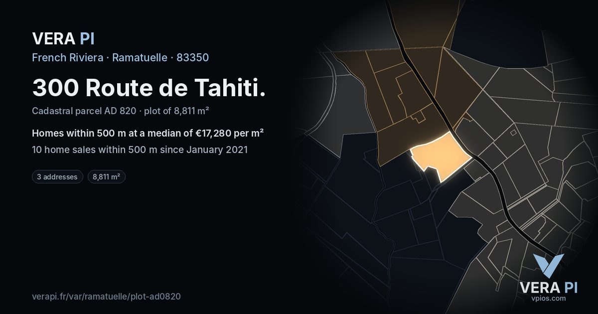 300 Route de Tahiti, Ramatuelle at night – the plot lit, the parcels around coloured by the prices near them