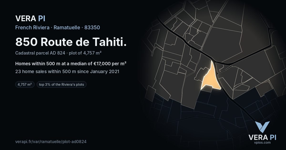850 Route de Tahiti, Ramatuelle at night – the plot lit, the parcels around coloured by the prices near them