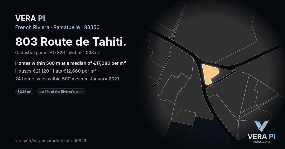 803 Route de Tahiti, Ramatuelle at night – the plot lit, the parcels around coloured by the prices near them