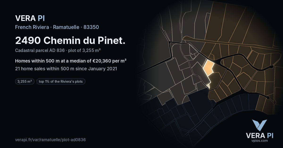 2490 Chemin du Pinet, Ramatuelle at night – the plot lit, the parcels around coloured by the prices near them