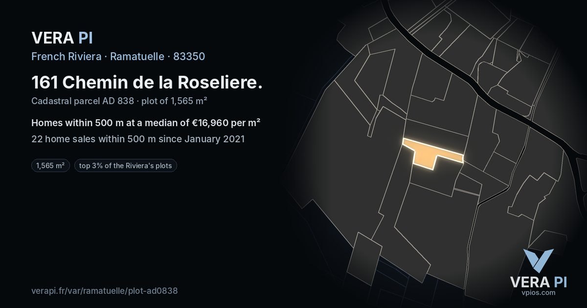 161 Chemin de la Roseliere, Ramatuelle at night – the plot lit, the parcels around coloured by the prices near them