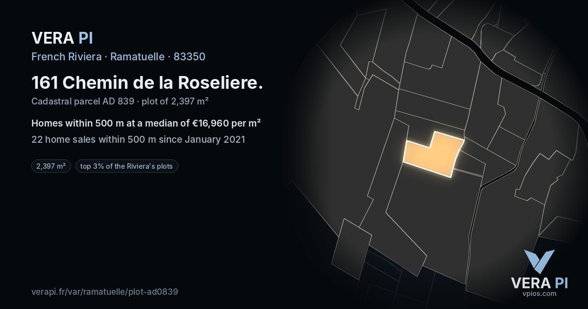 161 Chemin de la Roseliere, Ramatuelle at night – the plot lit, the parcels around coloured by the prices near them