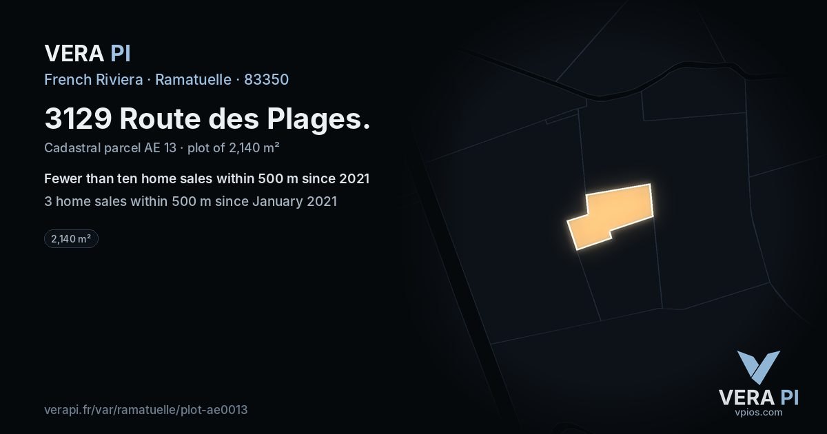 3129 Route des Plages, Ramatuelle at night – the plot lit, the parcels around coloured by the prices near them
