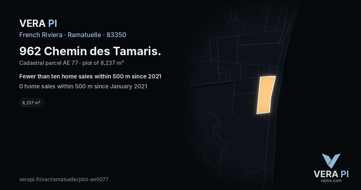 962 Chemin des Tamaris, Ramatuelle at night – the plot lit, the parcels around coloured by the prices near them