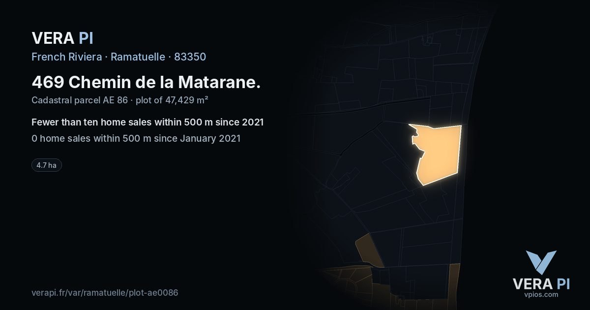 469 Chemin de la Matarane, Ramatuelle at night – the plot lit, the parcels around coloured by the prices near them