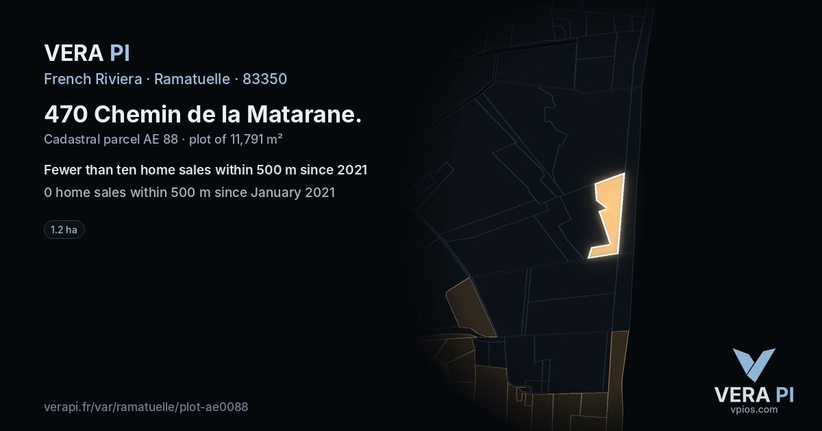 470 Chemin de la Matarane, Ramatuelle at night – the plot lit, the parcels around coloured by the prices near them