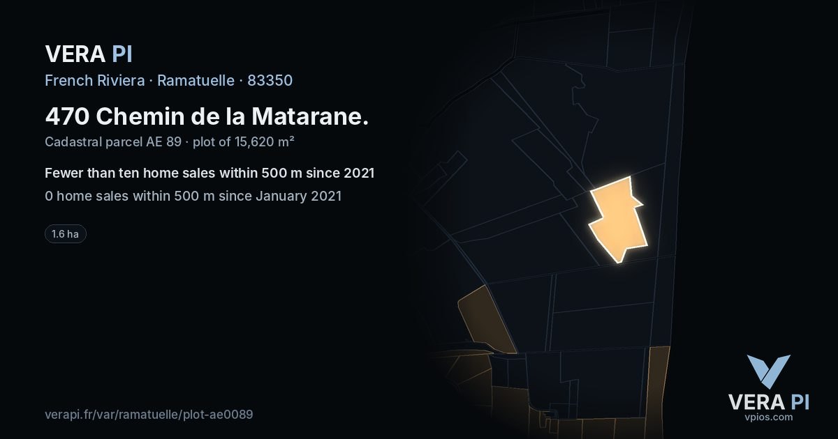 470 Chemin de la Matarane, Ramatuelle at night – the plot lit, the parcels around coloured by the prices near them