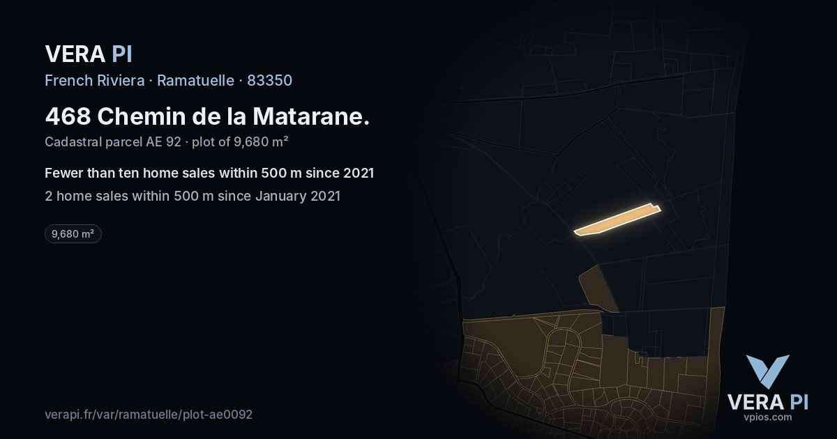468 Chemin de la Matarane, Ramatuelle at night – the plot lit, the parcels around coloured by the prices near them