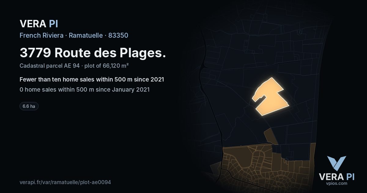 3779 Route des Plages, Ramatuelle at night – the plot lit, the parcels around coloured by the prices near them