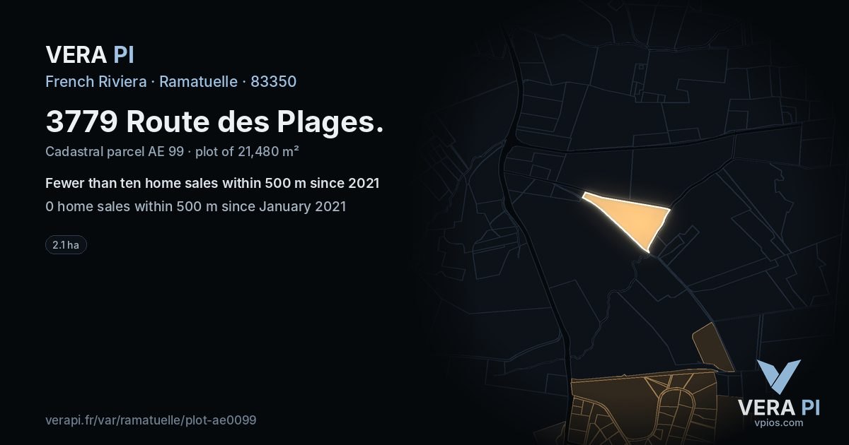 3779 Route des Plages, Ramatuelle at night – the plot lit, the parcels around coloured by the prices near them