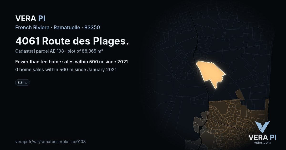 4061 Route des Plages, Ramatuelle at night – the plot lit, the parcels around coloured by the prices near them